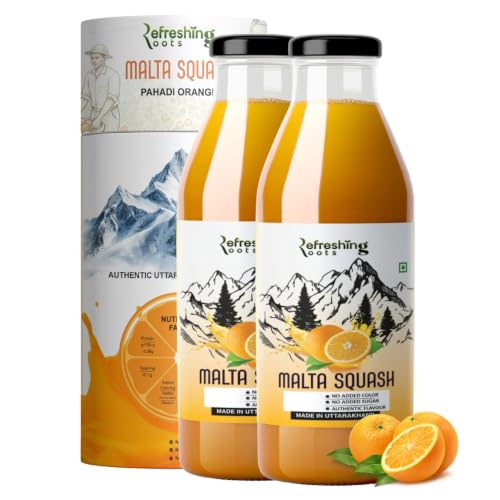 Image of REFRESHING ROOTS Uttarakhand Wild Orange (MALTA) Squash 1000 ML Pack Glass Bottle | Cold Pressed | Uttarakhand Authentic Taste | Added Honey | No Artifical Colors | Rich In Vitamins -C | Malta Squash (500 ML * 2 Bottle)