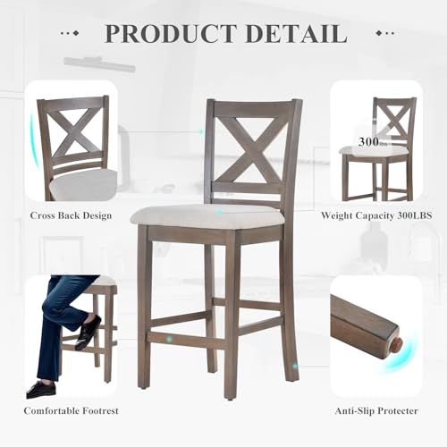 Image of COLAMY Upholstered Counter Height Bar Stools Set of 4, Modern Kitchen Island Barstools Chairs with Cross Back and Wood Legs for Dining Room Bar, Light Brown Wash