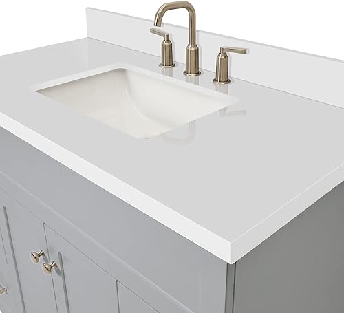 Miniatura 6 de ARIEL Tocador de baño gris de 43 pulgadas, encimera y salpicaduras de cuarzo blanco puro con borde de 1.5 pulgadas, fregadero rectangular, 2 puertas
