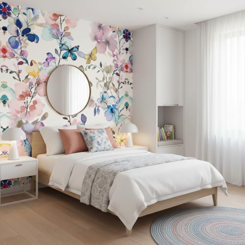 Image of Watercolor Butterfly and Floral Wallpaper,Pink and Blue, Self-Adhesive Peel and Stick Contact Paper Wall Stickers for Girls' Room Nursery Decor Cafe Walls, Hotel,Bedroom (45X300 CM)
