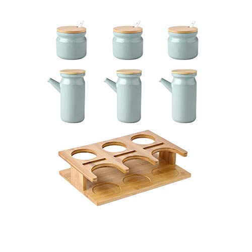 qiuqiu Oil Can Set Ceramics Oil Dispenser Bottle Ceramic 500ML Soy Sauce Dispenser Bottle with Wooden Pallet Olive Oil Soy Sauce Vinegar Cruet Liquid Condiment Dispenser for Kitchen Cooking-D