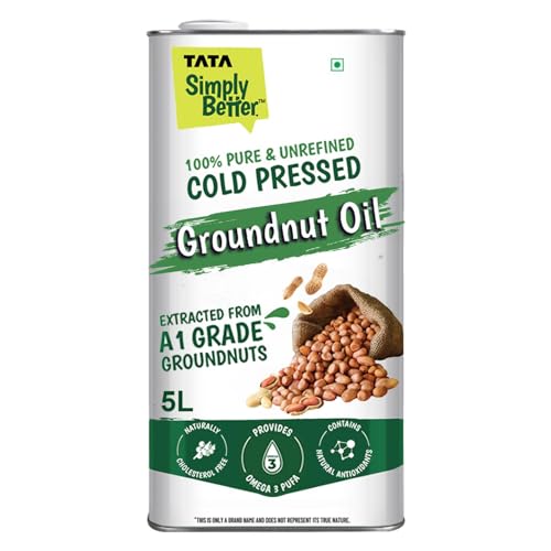 Image of Tata Simply Better Pure and Unrefined Cold Pressed Groundnut (Peanut) Oil, Kolhu /Kacchi Ghani /Mara Chekku /Ganuga, Naturally Cholesterol Free, 5L, With Rich Aroma & Flavour of Real A1 Grade Groundnuts