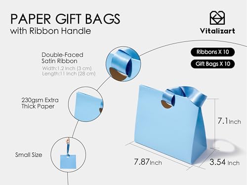 Vitalizart Paper Gift Bags With Ribbon Handles Set of 10 Assorted Colors Bulk Reusable For Gift Wrap Girls Kids Birthday Bridal Shower Party Favors Goodie Bags Candy Christmas 7.87\"x3.54\"x7.09\" Small