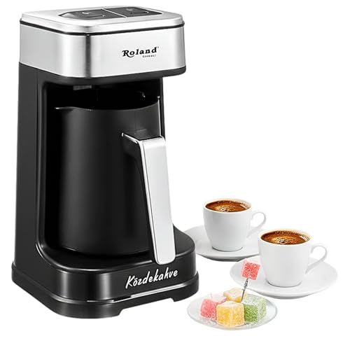 Roland Germany Türkische Kaffeemaschine, 600W, Kaffeekanne, Slow COOK Technologie, 4 Tassen Kapazität, mit Kaffeemesslöffel, Doppelter Ausguss, Ton- und Lichtwarnsystem (1, Schwarz)