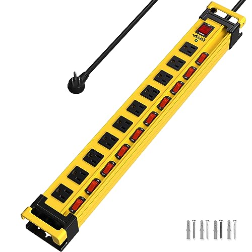 Plug'N Power Strip 10 Outlet,3300J Surge Protector With Individual Switches,9Ft Power Cord 14Awg/15Amp/1875W,Heavy Duty Metal Power Strip With Cord Manager,For Workshop,Garage,Shop,Home cover