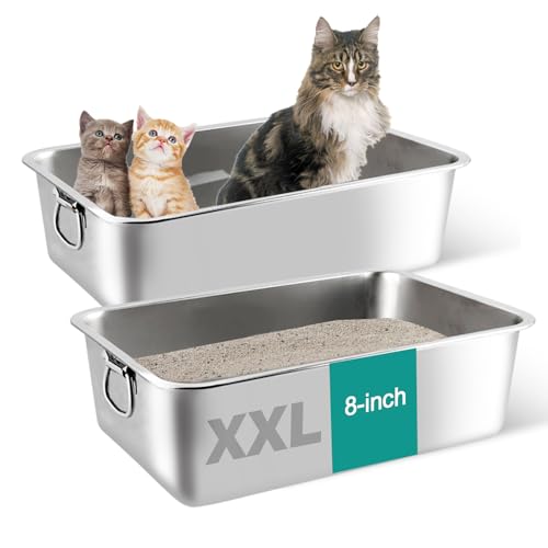 2PCS Stainless Steel Cat Litter Box,8" Extra Large XXL Metal Litter Box for Big Cats,High Sided Kitty Litter Box with Handle,Large Cat Litter Pan Tray,Easy to Clean,Non Stick,23.6x15.8x8