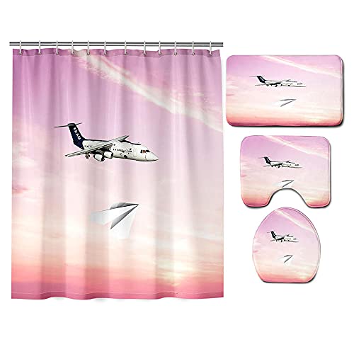 ZDDWLDL 4-Teilig Duschvorhang Set Mit Rutschfesten Teppichen Toilettendeckel Und Badematte Wasserdicht Farbfest Schimmel…
