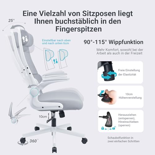 Bürostuhl Weiß von Melokea – Ergonomischer Schreibtischstuhl mit Kopfstütze