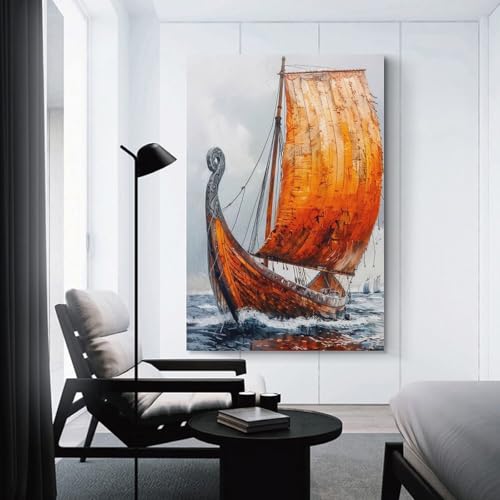 Impression sur toile navire viking océan 50x75cm décoration murale pour le bureau et la cuisine