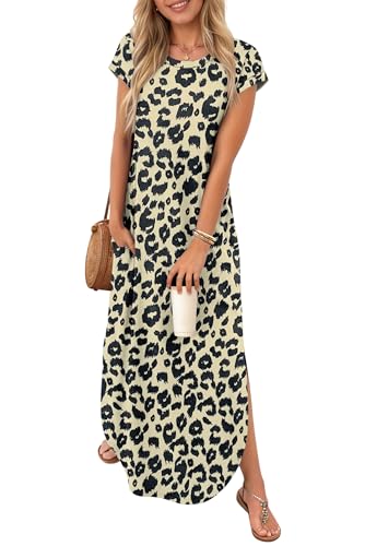Image of PLOKNRD Summer Maxi Dresses for Women UK with Pockets Round Neck Casual Short Sleeve Beach Split Coverup Long Dress Loose Leopard S