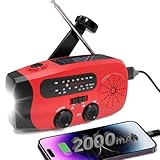 Wind Up Solar Radio, Emergency Portable Hand Crank Radio with LED Torch, AM/FM, Phone Charger, 2000mAh Solar and Hand-Crank Charging, SOS Alarm for Camping Hiking (Red)