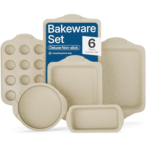BAKKENMASTER 6-Piece Deluxe Nonstick Baking Pan Set - Professional Grade Carbon Steel Bakeware with White Marble Coating & Silicone Handles