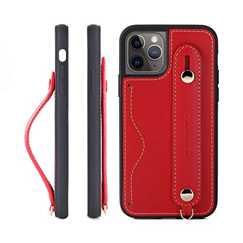 HANATORA IPhone 11Pro グリップケース レザー 本革 ストラップ付属 イタリア製牛革 ヌメ革 片手操作 カード収納 スタンド機能 メンズ レディース レッド CGH-11Pro-Red