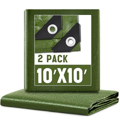 Image of 2 Pack 10 x 10 ft 5.5 Mil Large Tarps Heavy Duty Waterproof Tarp Multi Purpose Tent Cover for Home Boats Cars Camping Patio Furniture Roof Emergency Rain Protective Cover, Army Green