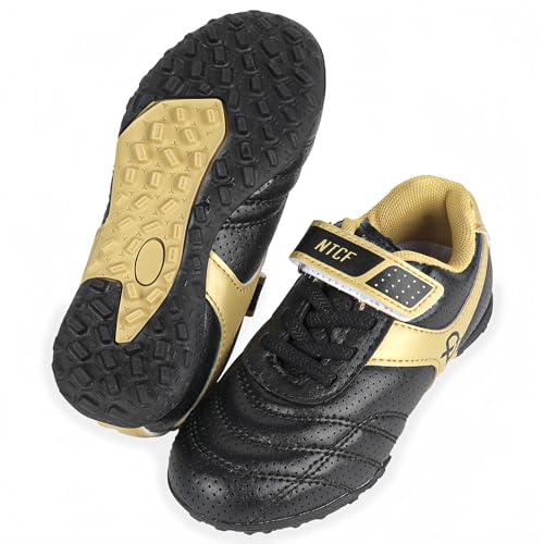 Linkidea Kids TF Soccer Shoes No Laces, Laceless Turf Soccer Cleats for Unisex-Child 12.5C (Black)