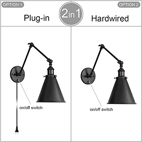 Industrial Black Wall Light Adjustable Arm Plug In With On/Off Switch For Bedroom Wall Sconce Fixture Metal Plug-In Wall Lamp Set Of 2 #TOP2