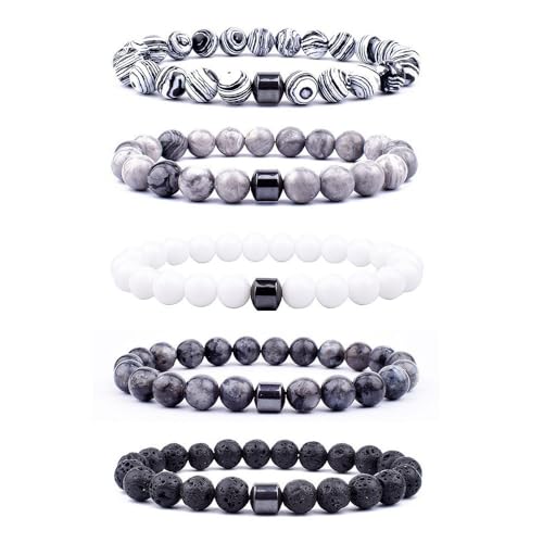 Image of AMOR SPES 5PCS Natural Stone Beads Bracelet Set Turquoise Volcanic Stone Wrap Bracelets Beach Gifts Black White Grey (A)