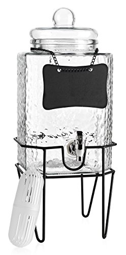 Classic Beverage Drink Square Dispenser Hammered Durable Clear Glass With Metal Stand 1.5 Gallon With Chalk Board Includes Defuser & Spigot #TOP1