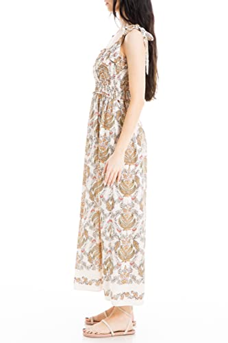 Max Studio Women's Tie Strap Smocked Bodice Maxi Dress, Cream/Orange Paisley Wallpaper, Large #TOP1