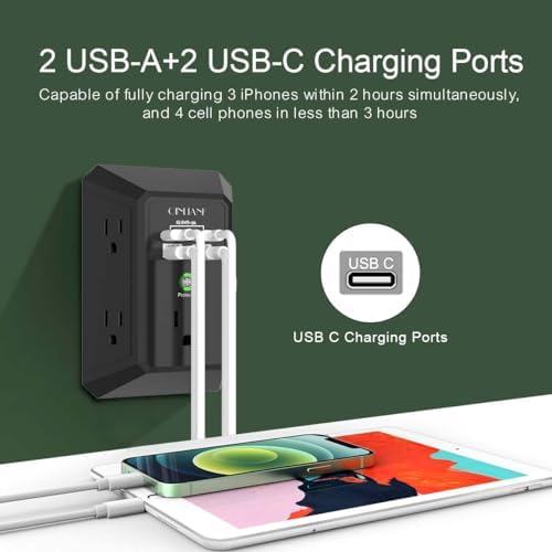 USB Wall Charger, Surge Protector, QINLIANF 5 Outlet Extender with 4 USB Charging Ports(2U2C) 3-Sided 1680J Power Strip Multi Plug Outlets Wall Adapter Spaced for Home Travel Office,Black - 3