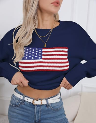 Image of Women's American Flag Sweater Long Sleeve Pullover Crew Neck Knit Tops