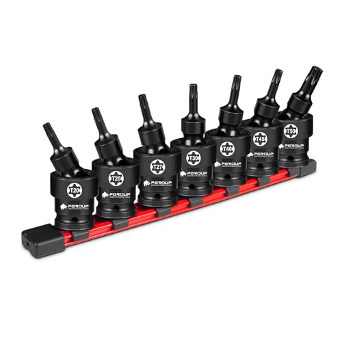 Pgroup 7PCS 3/8' Drive Universal Swivel Impact Torx Socket Set, T20-T50, CR-MO Wobble Star Sockets With Hanging Bracket for Dead Angles, Auto Repair, Mechanical Maintenance