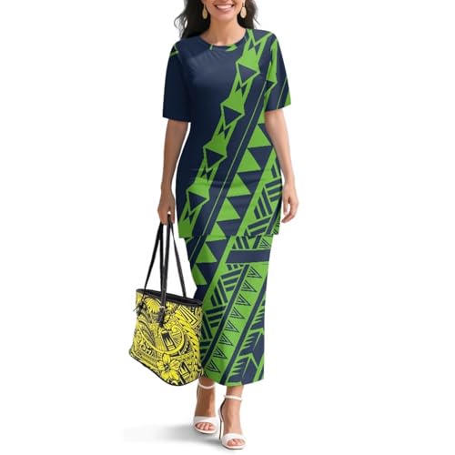 Image of Polynesian Dress for Women Short Sleeve High Waist Maxi Skirt | Puletasi dress, t-shirt and skirt two-piece, elastic material, lightweight, soft, plus size, luau party, wedding, clubwear
