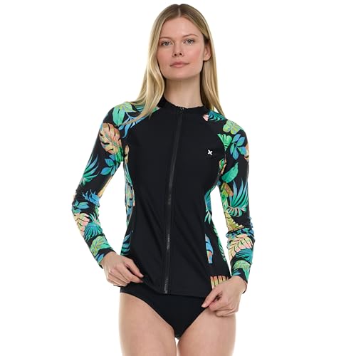 Image of Hurley Rash Guard for Women Full Zip, Zip Up Long Sleeve Swim Shirts for Women, Surfing Top UPF 50+ SPF Sun & UV Protection