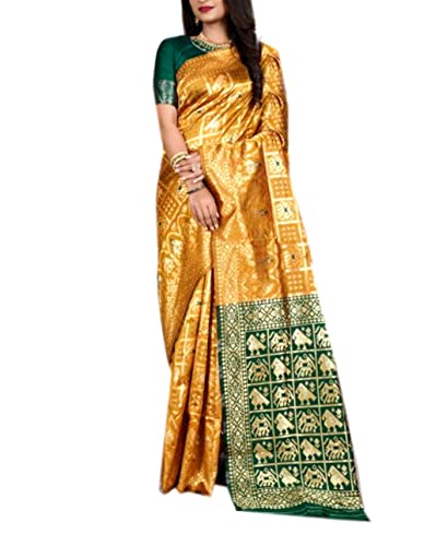 Women`s Patola Bandhani Silk Sarees Traditional Jacquard Design with Contrast Blouse Piece - Yellow Green