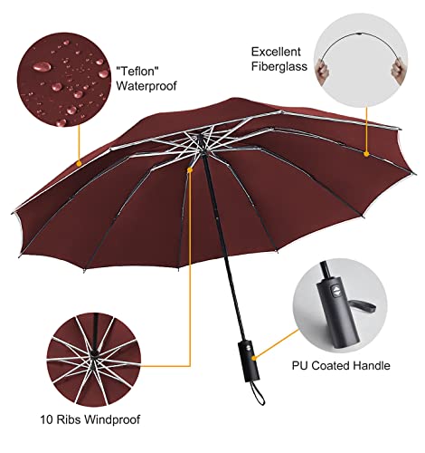 Leagera Sun Umbrella Uv Protection Compact Windproof Reverse Umbrella For Rain - 54 Inch Portable Automatic Open And Close Folding Inverted Car Travel Umbrella With Wooden Handle For Men,Dark Red #TOP6