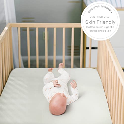 Grssder Soft Muslin Crib Sheet 2 Pack, 100% Cotton Crib Sheets For Boys And Girls, Fit Standard Crib Mattresses 52" X 28" Safe And Snug, Light Gray/Roman Green #TOP4