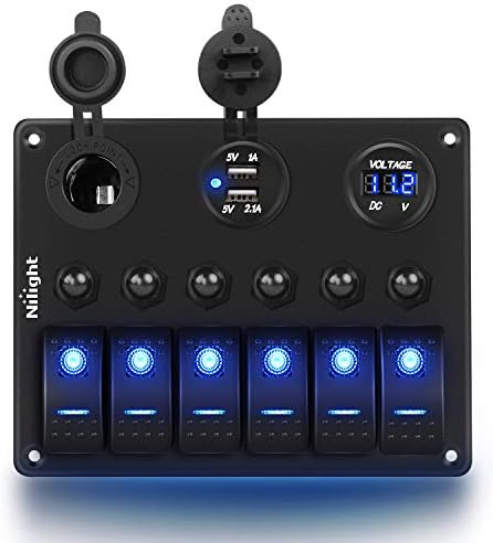 Nilight 6 Gang ON Off Rocker Switch Panel 12V Voltmeter Dual USB Charger Cigarette Lighter Socket For RV Truck Boat , 2 Years Warranty