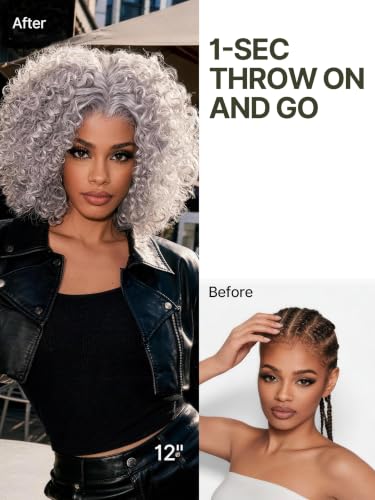 Image of Short Curly Wigs for Black Women 12 Inches Jerry Curly Wig Grey | 13x6 Frontal Lace Wig Glueless Wig Veralux Fiber Blend Human Hair 200% Density Ready to Go Headband Wig