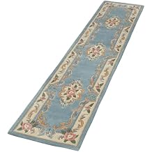 Traditional Floral Serena Aubusson II Runner Rug | 2 feet 3 inches x 11 feet | Parisian Light Blue | Handcarved, Hand-tufted, Luster Washed, Thick Pure Wool Rectangle Runner with Flowers and Scrolls
