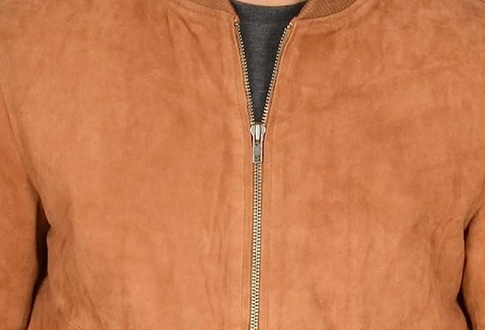 Suede Leather Jackets for Men’s - Genuine Real Lambskin Leather Bomber Jacket Baseball Style Suede Tan Leather Jacket (Large)4