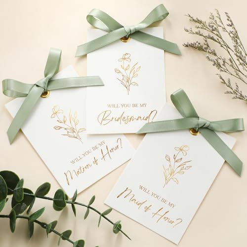 Humyoun 11 Pcs Bridesmaid Proposal Card with Ribbon Bow Floral Metallic Bridal Gift 8 Will You Be My Bridesmaid 2 Maid of Honor 1 Matron of Honor Invitation for Bridal Shower(White, Sage Green)