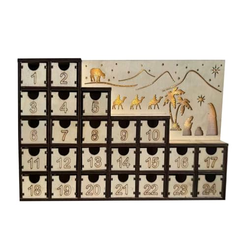 Image of Wooden Nativity Scene Advent Calendar Cabinet With LED Light, Nativity Countdown Ornament With Wooden Silhouettes And Stars Design, For Permanent LED Lighting Religious Christmas Decoration