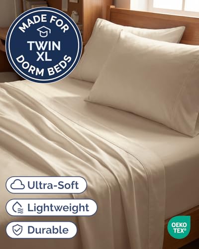 Image of Twin XL 4 Piece Sheet Set - College Dorm Room Essentials - Cream | Ultra Soft Dorm Bedding Set, 8 inch to 16 inch Inch Deep Pockets, 1 Flat & 1 Fitted Sheet & 2 Pillowcases, Wrinkle & Fade Free