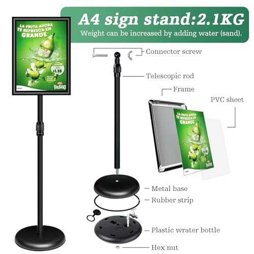 Mutualsign Lot de 6 Porte-Affiches A4 sur Pied, Présentoir Ajustable en Aluminium, Support de Menu au Sol avec Affiche Remplaçable et Base Stable (Noir) – vue 6