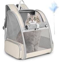 Cat Backpack Carrier, Large Pet Carrier Backpack with Kitten Wand Feather Toy for Medium Small Dog Cat Puppy Kitty Bunny up to 15lbs, Ventilated Mesh Kitten Bookbag for Travel Walking Outdoor Beige