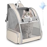Cat Backpack Carrier, Large Pet Carrier Backpack with Kitten Wand Feather Toy for Medium Small Dog Cat Puppy Kitty Bunny up to 15lbs, Ventilated Mesh Kitten Bookbag for Travel Walking Outdoor (Beige)