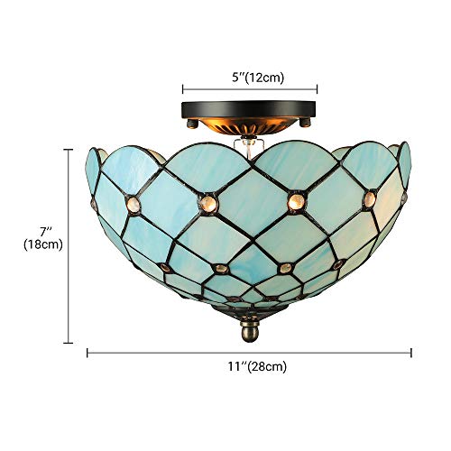 Litfad Tiffany Style Led Ceiling Lamp Mediterranean Sea Blue Pattern 11 Inch Semi Flush Mount Ceiling Light Pendant Lighting For Dining Room Bedroom Hotel Corridor - 11" (28 Cm) #TOP2