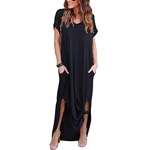 VisSec Damen Casual Lose Maxi Kleider Sommerkleid Elegant Kurzarm V Ausschnitt Kleid Strandkleid Lässige Ärmelloses Lang Maxi-Tank-Kleid (Schwarz, L)