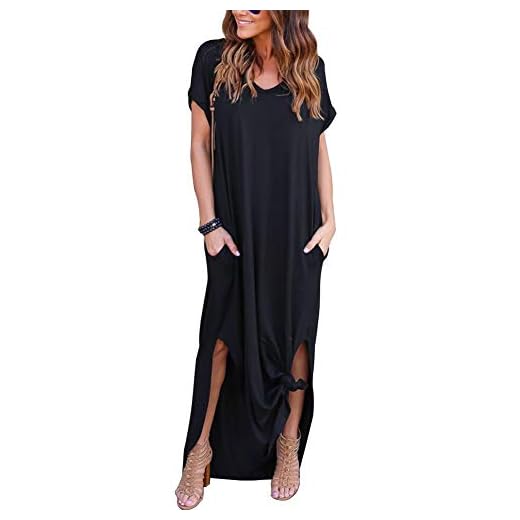 VisSec Damen Casual Lose Maxi Kleider Sommerkleid Elegant Kurzarm V Ausschnitt Kleid Strandkleid Lässige Ärmelloses Lang Maxi-Tank-Kleid (Schwarz, L)