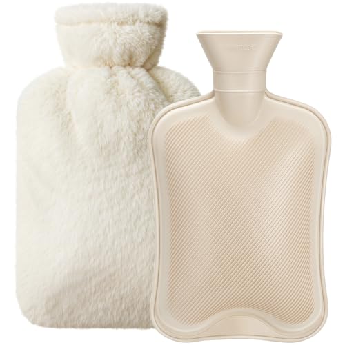 Dawdix 2L Natural Rubber Hot Water Bottle with Cover, Leakproof Design for Hot & Cold Compress, Ideal for Menstrual Cramps/Hand & Feet Warmer/Neck & Shoulder Pain Relief, Ultra-Soft Touch, Cream White