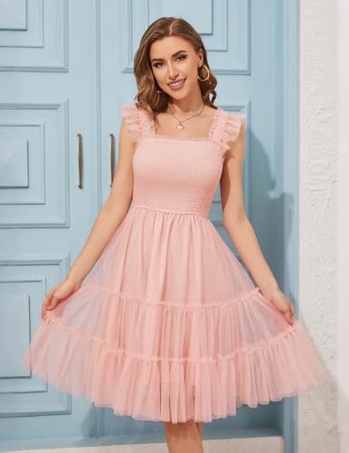 Image of Meetjen Womens Casual Summer Dresses Sleeveless Smocked 2026 Flowy Tulle Ruffle Party Square Neck Tiered Wedding Guest Dress