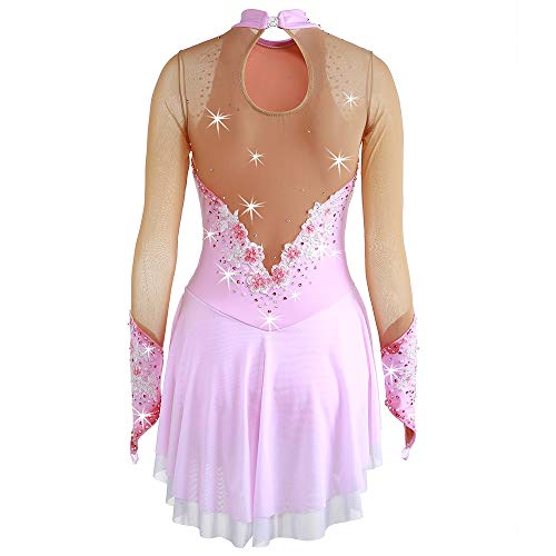 Kmgjc Figure Skating Dress Women Girls' Ice Skating Dancing Performance Competition High-End Costume Stretchy Rhinestone Skating Wear Long Sleeve (Color : Pink, Size : Child10) #TOP1