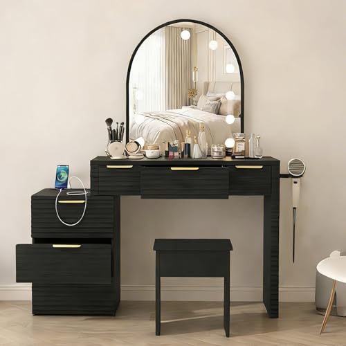 AraSyleon Makeup Vanity Desk with Mirror Lights Black, Glass Tabletop 3 Lighting Modes Adjustable Vanity Table Modern Makeup Desk with Chair Power Outlet and 6 Drawers for Bedroom AraSyleon Makeup Vanity Desk with Mirror Lights Black, Glass Tabletop 3 Lighting Modes Adjustable Vanity Table Modern Makeup Desk with Chair Power Outlet and 6 Drawers for Bedroom - Image 1