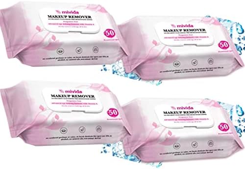 🌿 mivida Makeup Remover Wipes | Bulk Pack of 4 | Alcohol Free, Fragrance Free | Hypoallergenic, Vitamin E | Convenient Flip Top Pack, 50 Wipes Each | Total 200 Wipes | Gentle Facial Cleansing and Makeup Remover Wipes