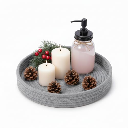 Image of BOBBINY Decorative Round Rope Tray for Decor - Rope Tray for Kitchen Dining Room Table - The Perfect Small Candle Serving Tray for Coffee Table and Home Decor (Grey, 10x10 Inch (Pack of 1))